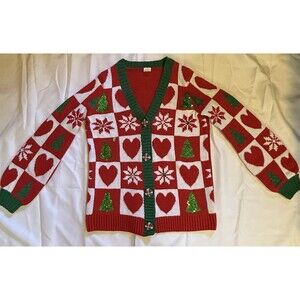 Holiday Time Women's Ugly Christmas Sweater Cardigan Small (4-6) Red Green